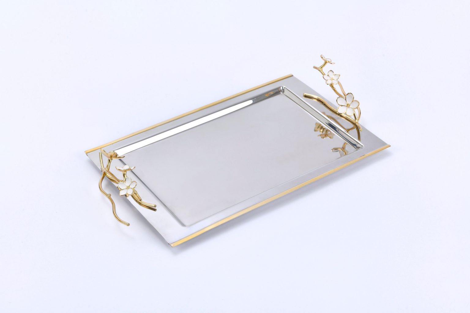 Kiraz Çiçeği Metal Tepsi Dal Kulplu