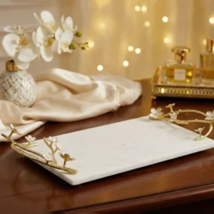 Alaylı mermer altın çiçekli lüks tepsi