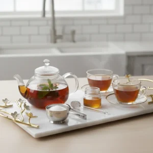 Alaylı mermer altın çiçekli lüks tepsi