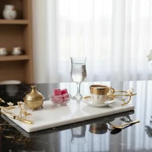 Alaylı mermer altın çiçekli lüks tepsi