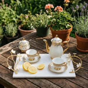 Alaylı mermer altın çiçekli lüks tepsi