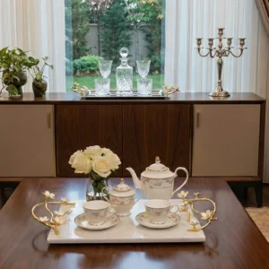 Alaylı mermer altın çiçekli lüks tepsi