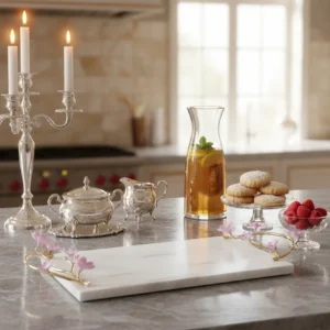 Alaylı mermer altın çiçekli lüks tepsi