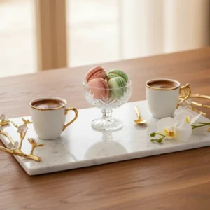 Alaylı mermer altın çiçekli lüks tepsi