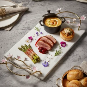 Alaylı mermer altın çiçekli lüks tepsi